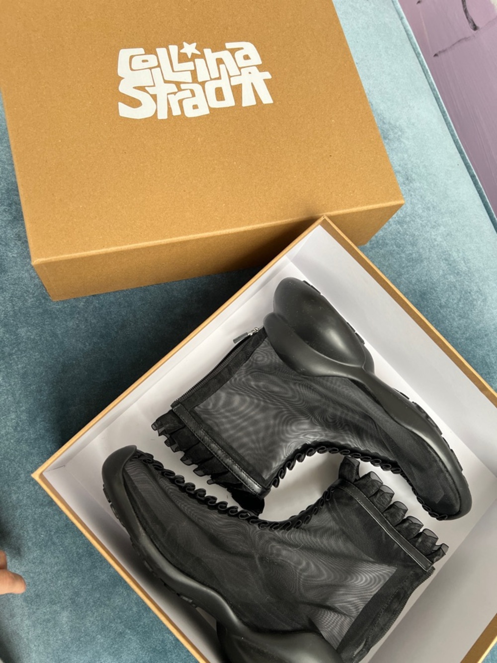 Collina Strada Black Sneaker Ruffle Mesh Boots size 8 NWT